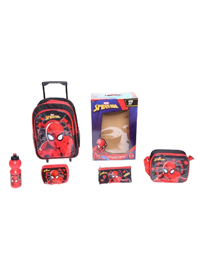 5-Piece Spiderman Printed Zipper Closure Telescopic Handle Trolley Backpack Set Red and Black 14 x 30 x 40 cm FKVP-02278